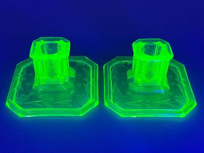 Art Deco Uranium Glass Candleholders. Uranium glass candleholders with geometric Art Deco 