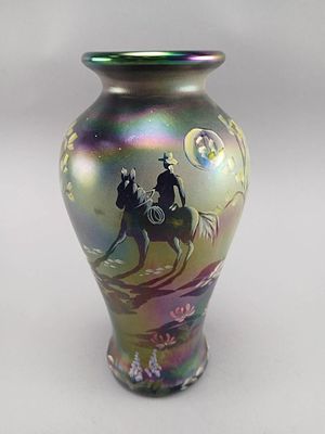 Fenton Hand-Painted Iridescent Vase. Fenton iridescent glass vase featuring a hand-painted 