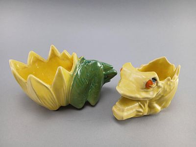 McCoy Ceramic Frog Planters, Yellow and Green. Two McCoy ceramic frog-shaped planters, featuring 