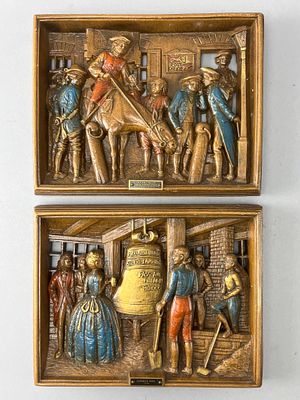 Syroco Wood-Look Wall Plaques. Two molded wall plaques depicting historical American scenes. 
