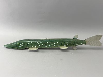 Hand-Carved 32" Folk Art Pike Decoy. Hand-carved folk art northern pike fish decoy, measuring 32 