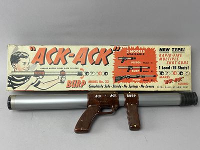 Ack-Ack Burp Model No. 33 w/Original Box. Ack-Ack Burp Model No. 33 rapid-fire multi-shot toy 