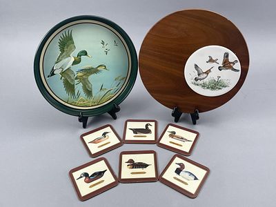 Mallard Dish, Duck Coasters & Walnut Board. This lot includes a set of six coasters featuring 