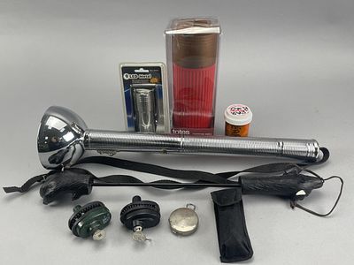 Miscellaneous Lot: Coin Bank, Flashlights, Tools. Assorted lot containing a shotgun shell-themed 