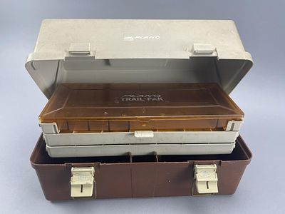 Plano Trail Pak Tackle Box, 3-Tier Tray. Plano Trail Pak fishing tackle box in a two-tone brown 