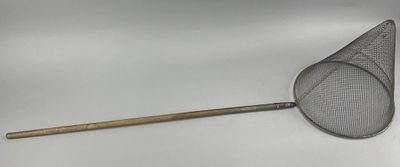 Metal Fishing Catcher w/ Wooden Handle. Metal fishing catcher featuring a conical wire mesh 