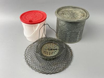 2 Bait Buckets & Wire Mesh Bait Trap. Group of two bait buckets and one bait trap. Includes a 