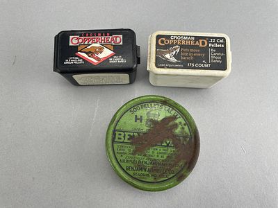 .22 & .177 Cal. Crosman & Benjamin Pellets. Lot includes three partial containers of air rifle 
