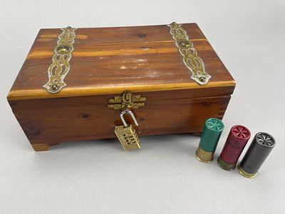 12ga Shotgun Shells, 46ct in Locking Wooden Box. Lot includes a collection of 46 12-gauge 