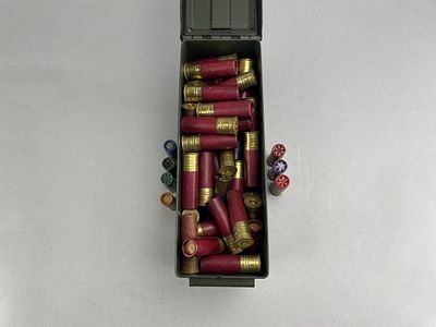 16GA Shotgun Shells, 122 Shots in Ammo Can. A mixed lot of sixteen-gauge shotgun shells 