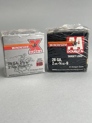 Winchester 28ga 2 Boxes Shotshells (50 Rounds). Two boxes of Winchester 28-gauge shotgun shells. 