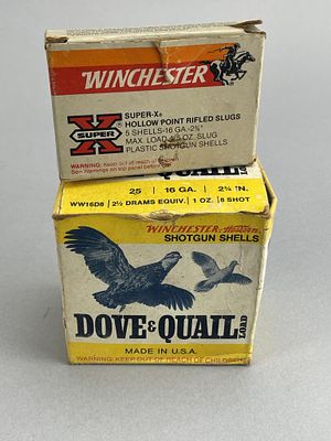 Winchester 16ga 9 Rounds. Two boxes of Winchester 16-gauge 2 3/4-inch shotgun shells. The first 