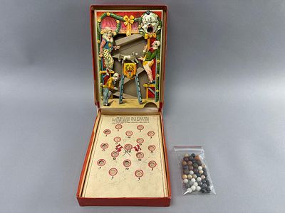 Spear's Comical Tivoli Game w/ Marbles. Spear's Comical Tivoli Game, a vintage marble-based 