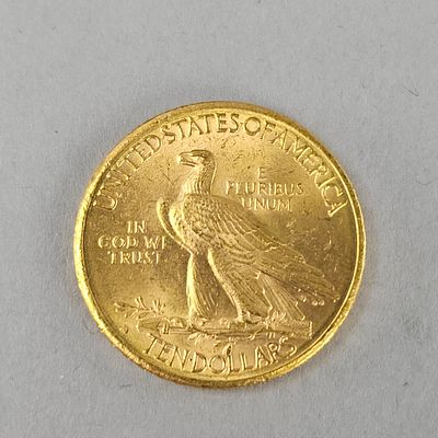 1910 US $10 Indian Head Gold Eagle. Classic 1910 $10 Indian Head Gold Eagle, designed by 