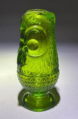 Viking Avocado Green Glass Owl Fairy Lamp. Avocado green pressed glass owl fairy lamp, featuring 