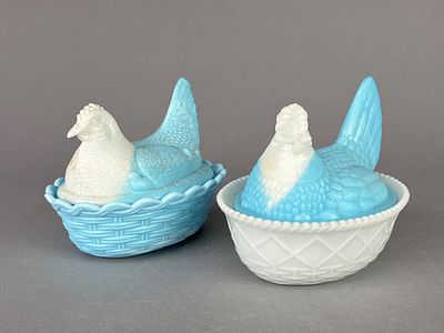 Milk Glass Nesting Hen Dishes Pair. Pair of vintage milk glass nesting hen covered dishes, one 