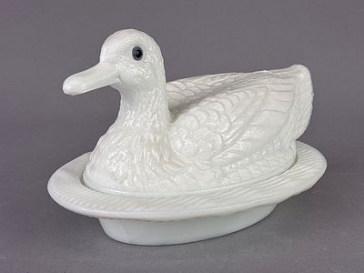 Westmoreland Milk Glass "Duck on a Nest" Dish. Westmoreland milk glass covered dish in the shape 