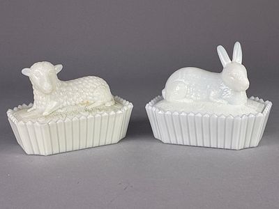 Milk Glass Lamb and Rabbit Covered Dishes. Pair of white milk glass covered dishes featuring 