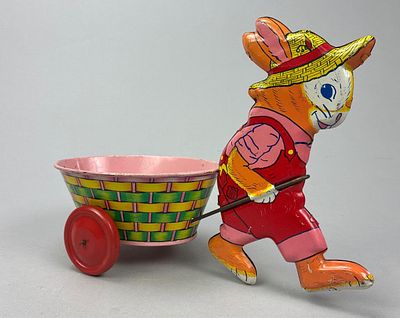 J. Chein Tin Rabbit Pulling Cart Toy. Vintage J. Chein &amp; Co. tin lithographed rabbit pulling 