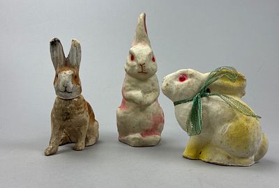 3 Papier-M&acirc;ch&eacute; Rabbit Figurines. Group of three vintage papier-m&acirc;ch&eacute; rabbit figurines, each 