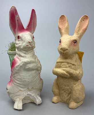 2 Papier-M&acirc;ch&eacute; Easter Rabbits. Two vintage papier-m&acirc;ch&eacute; Easter rabbit figures, each designed 