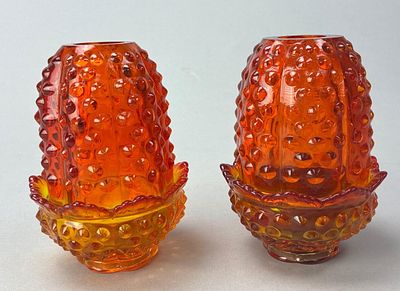 Fenton Hobnail Fairy Lamps Pair. Pair of Fenton Art Glass amberina inverted strawberry pattern 