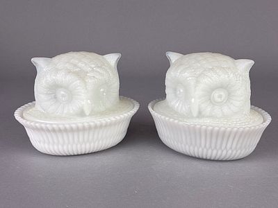 McKee Milk Glass Owl Covered Dishes, Probable Pair. Pair of probable McKee milk glass owl 