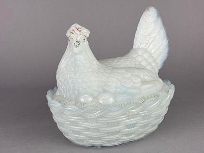White Opalescent Milk Glass Hen-on-Nest Dish. White opalescent milk glass covered dish in the 