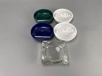 Set of Ges-Line Plastic Ashtrays & Glass Ashtray. Set of four Ges-Line plastic ashtrays, model 