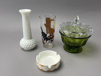 Group Lot: Hobnail Vase, Cartoon Tumbler, Bowl, Ashtray. Group lot of four collectible items 