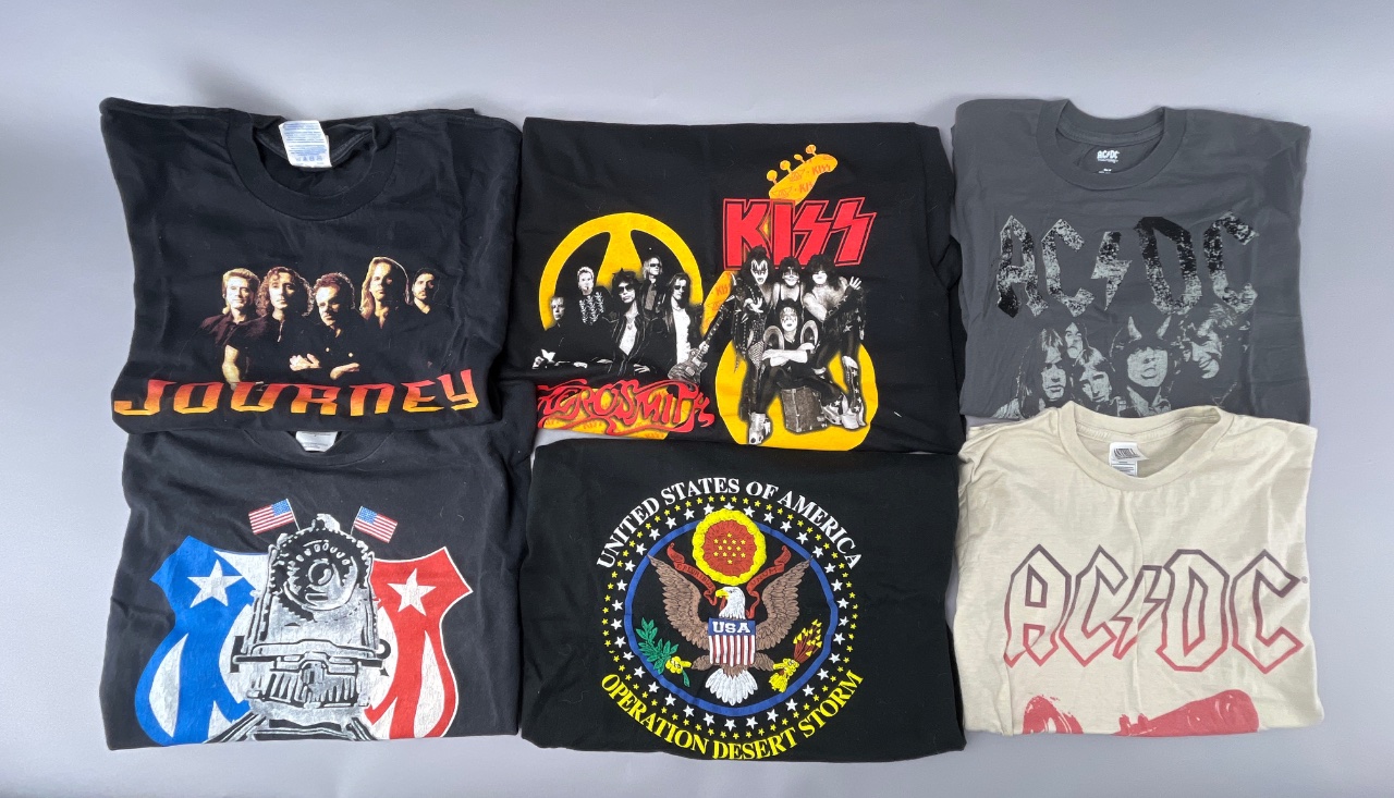 Lot 595 – Group of Graphic Band and Military T-Shirts, Journey, AC/DC ...