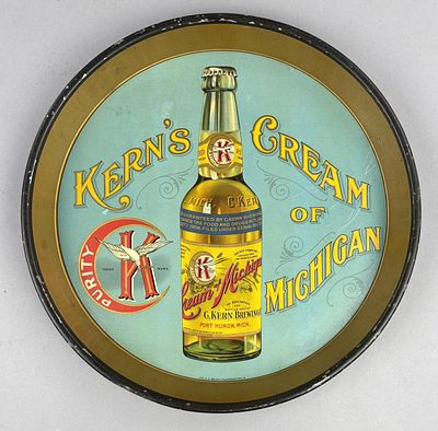 Kern's Cream of Michigan Beer Tin Serving Tray. Kern's Cream of Michigan 12" round lithographed 