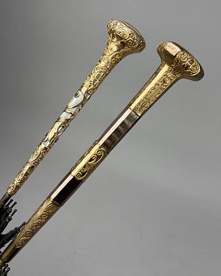 2 Antique Umbrellas Gold Filled & Mother of Pearl. Two antique umbrellas, one with engraved 