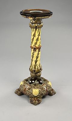 Antique 19th C. Majolica Pottery Pedestal. Antique majolica glazed pottery pedestal, or 