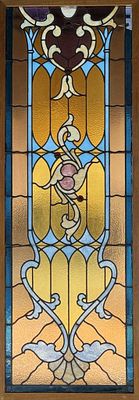 Antique Stained Glass Panel 25" x 68". Antique stained glass panel, in a later oak frame with 