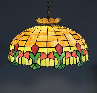 Early 20th C. Hanging Leaded Stained Glass Lamp. Antique hanging leaded stained glass panel lamp 