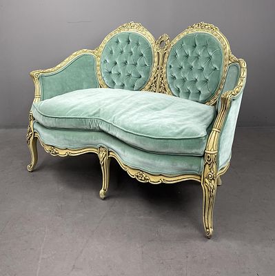 French Provincial Louis XV Style Painted Settee. French Provincial Louis XV style settee, carved 