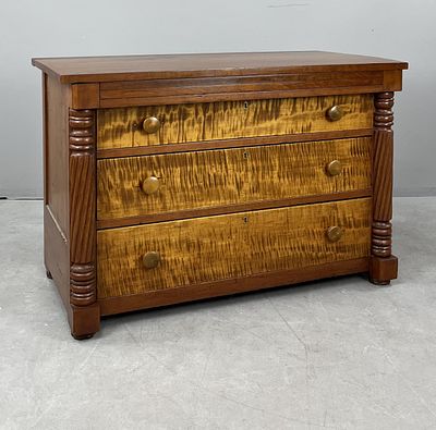 American Empire Tiger Maple & Cherry Chest. American Empire three drawer chest, with twisted 