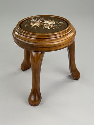 Queen Anne Style Round Petit Point Footstool. Queen Anne style round footstool, with three 