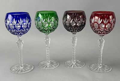 Set of 4 Colored Crystal Wine Glasses with Cut Designs. Set of four colored crystal wine glasses 