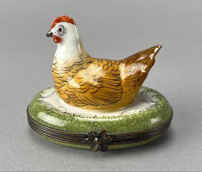 L. Moges Ceramic Chicken Figure with Green Base. Hand-painted ceramic chicken figure by Limoges 