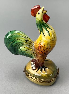 Limoges Hand-Painted Rooster Trinket Box with Landscape Interior. Limoges hand-painted ceramic 