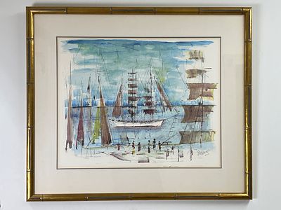 Alfred Birdsey (Bermudian, 1912–1996) Harbor Scene Watercolor. Watercolor painting of a harbor 