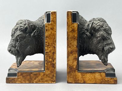 Art Deco-Style Bison Bookends, Wood and Metal. Pair of Art Deco-style bison bookends featuring 