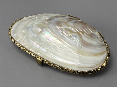Mother-of-Pearl Hinged Box with Gold-Tone Frame. Oval-shaped mother-of-pearl hinged clutch 