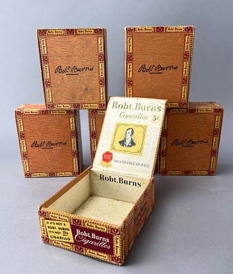 Robt. Burns Cigarillos Boxes, Group of Five. Group of 6 Robt. Burns cigarillos boxes, labeled 