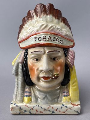 Ceramic Tobacco Jar Native American Figure with Painted Details. Ceramic tobacco jar in the form 