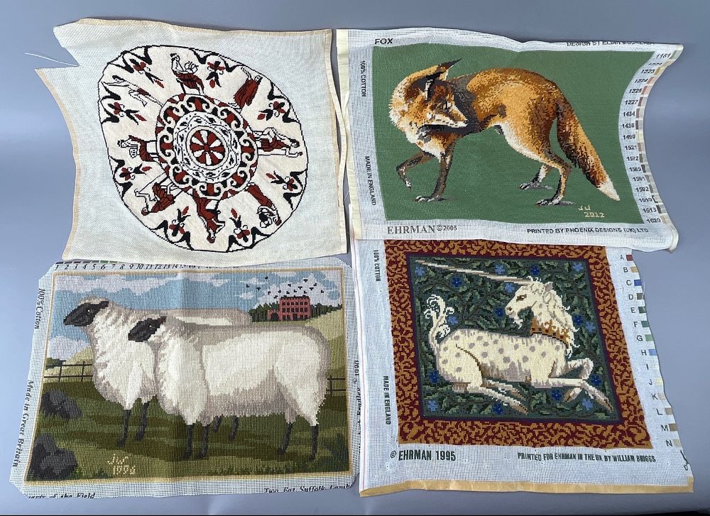 Ehrman Needlepoint Canvas Kits Group, Fox, Sheep, Unicorn. Group of Ehrman needlepoint canvas 
