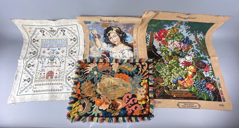 Royal Paris Textile Group with Alphabet Sampler. Group of four textile pieces including an 