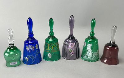 Set of Six Decorative Glass Bells, Fenton and Bohemia. Set of six decorative glass bells 